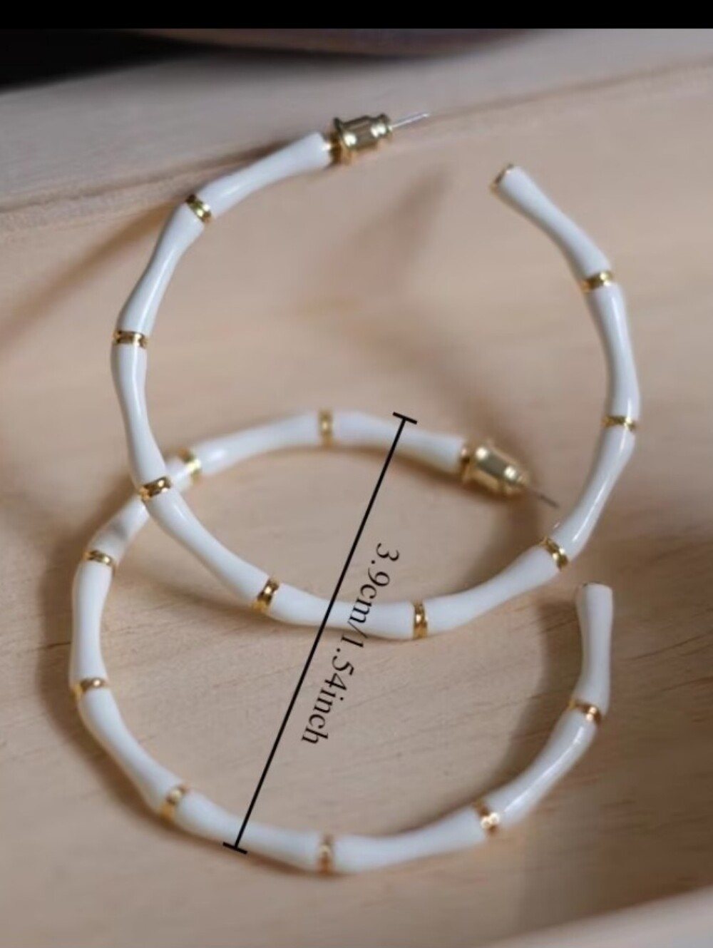 NEW! White Enamel Bamboo Thin Open Hoop Post Earrings with Gold Accents - Picture 3 of 5